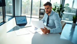 Florida Public Adjuster reviewing documents in a bright office space, exuding professionalism.