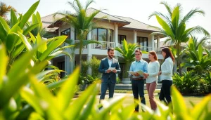 Villa management team consulting in a tropical setting with a beautiful villa background.