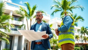 Le Promoteur immobilier neuf La Réunion examine un immeuble moderne en pleine discussion avec un manager de construction.
