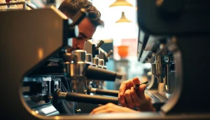 Cimbali teknik servis technician repairing an espresso machine in a busy café environment.