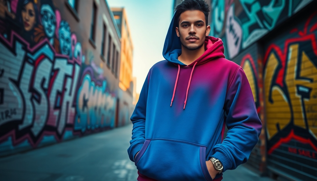 Showcasing a stylish streetwear replica look with vibrant colors against an urban backdrop.