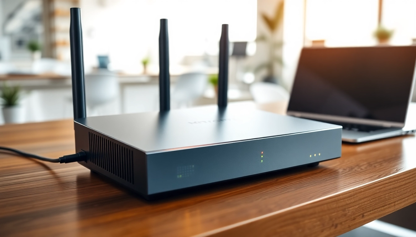 Mikrotik router showcasing its sleek design and connectivity features in a modern workspace.
