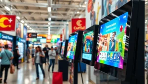 Show captivating digital signage in a retail setting with dynamic visuals for customer engagement.