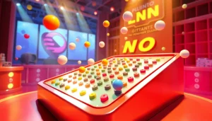 Plinko board yang penuh warna dengan bola yang meluncur menembus pin.