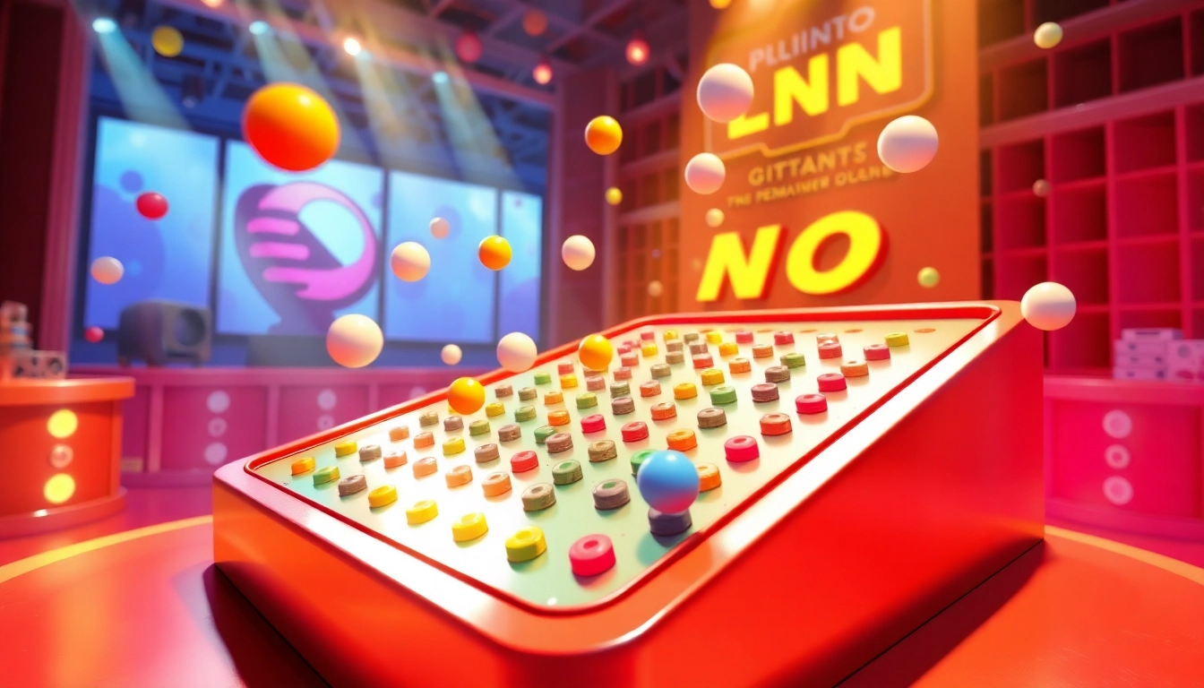Plinko board yang penuh warna dengan bola yang meluncur menembus pin.