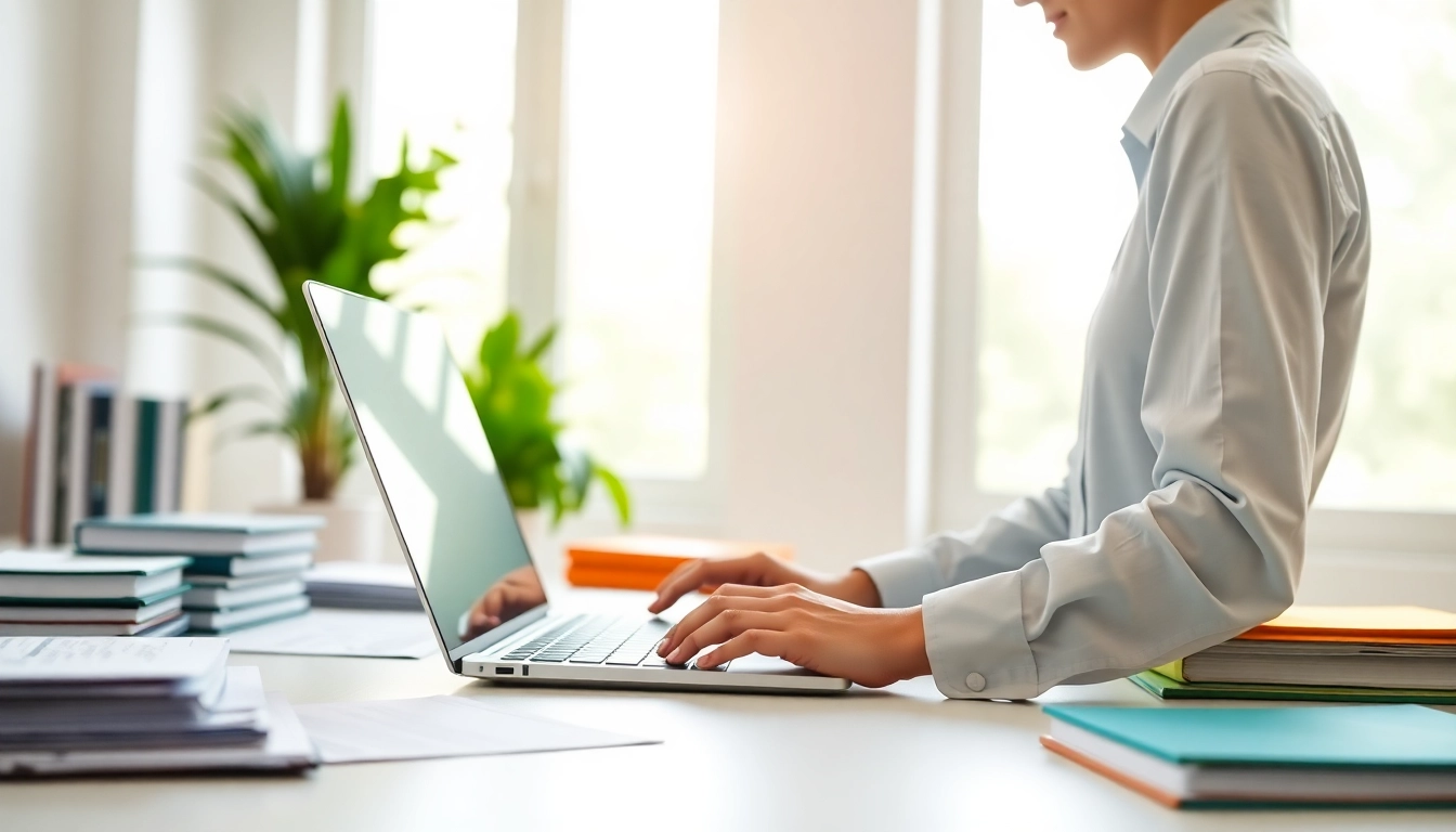 Performing bookkeeping for small businesses at a modern desk with organized financial documents.