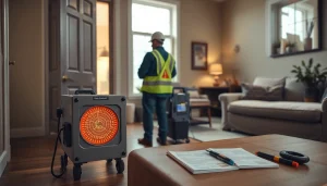 Technician conducting blower door test in a residential setting, showcasing blower door test companies.