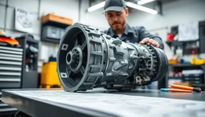 Inspecting used transmissions with warranty in a professional garage setting.