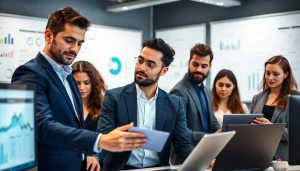 Analysts performing competitive intelligence analysis in a modern office setting.