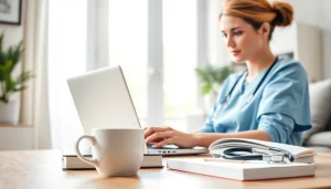 Nurse engaged in online learning for rn ceus in a bright home office.