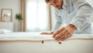 Technician conducting bed bug removal inspection on a mattress in a bright bedroom.