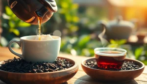 Enjoying loose leaf black tea brewed from high-quality leaves in a serene garden setting.