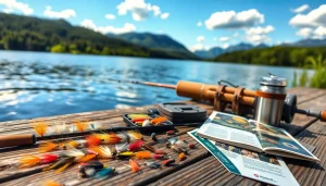 Engaging fly fishing kit displayed by a serene lake, showcasing essential fishing gear.