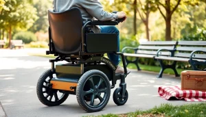 User navigating an Electric Wheelchair through a vibrant urban park, showcasing mobility and accessibility.