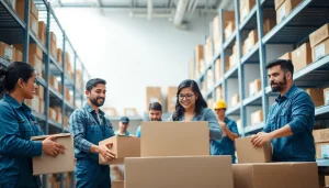 Movers at https://starvanlinesmovers.com packing boxes in a bright facility, showcasing professionalism and teamwork.