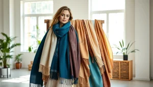 Stylish display of vela scarves highlighting vibrant colors and rich textures in a trendy studio.