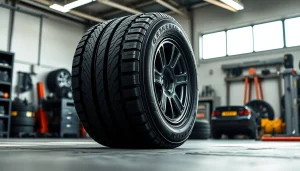 Display of General tires showcasing durability and quality in a modern workshop setting.