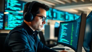 Cybersecurity-Experte analysiert komplexe Codes auf einem Computerbildschirm.