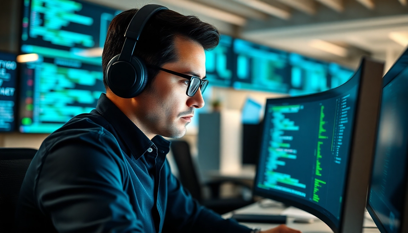 Cybersecurity-Experte analysiert komplexe Codes auf einem Computerbildschirm.