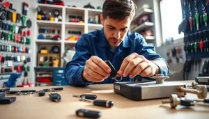 Fixing Lost Car Keys with a locksmith in a well-organized workshop showcasing diverse tools.