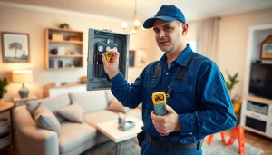 Conducting an electrical home inspection, a professional electrician examines circuit breaker panel.