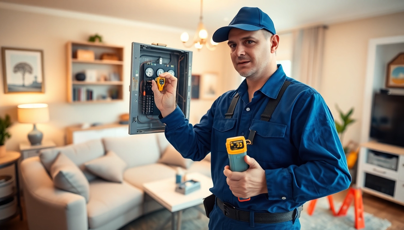 Conducting an electrical home inspection, a professional electrician examines circuit breaker panel.