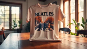 Showcase of a beatles abbey road shirt on a rustic table with vibrant colors and natural light