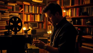 Filmmaker immersed in storytelling & documentary process within a vintage studio setting.