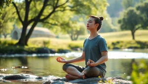 Practicing meditation for dealing with stress in a serene natural setting.