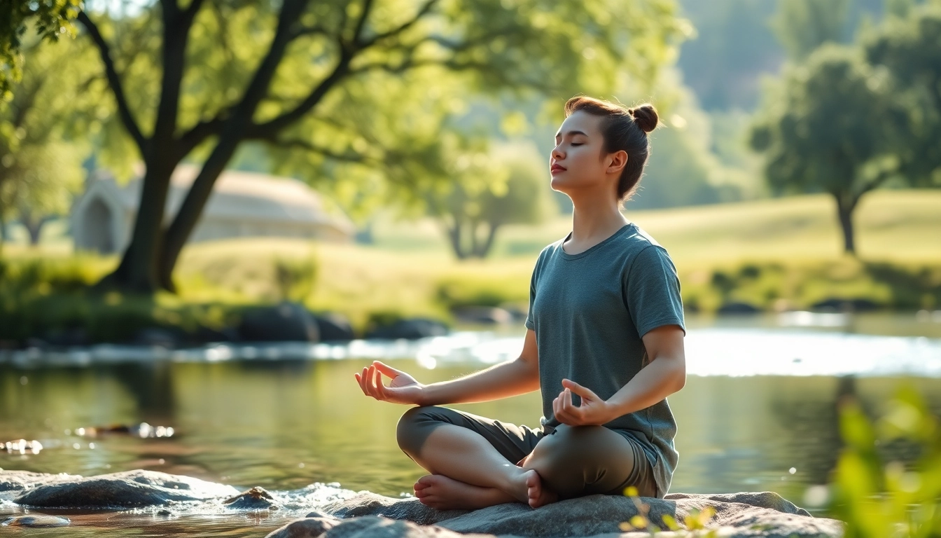 Practicing meditation for dealing with stress in a serene natural setting.