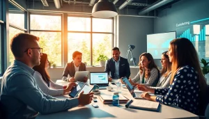 Engaging team dialogue about AI content marketing platform in a bright modern office setting.