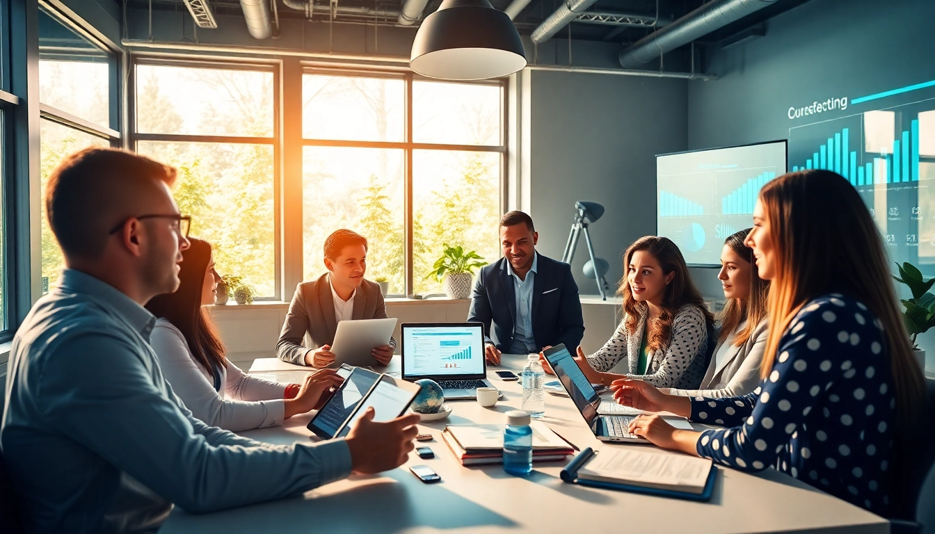 Engaging team dialogue about AI content marketing platform in a bright modern office setting.