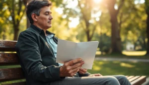 Capture the essence of dealing with grief through a person contemplating a heartfelt letter in a tranquil park.