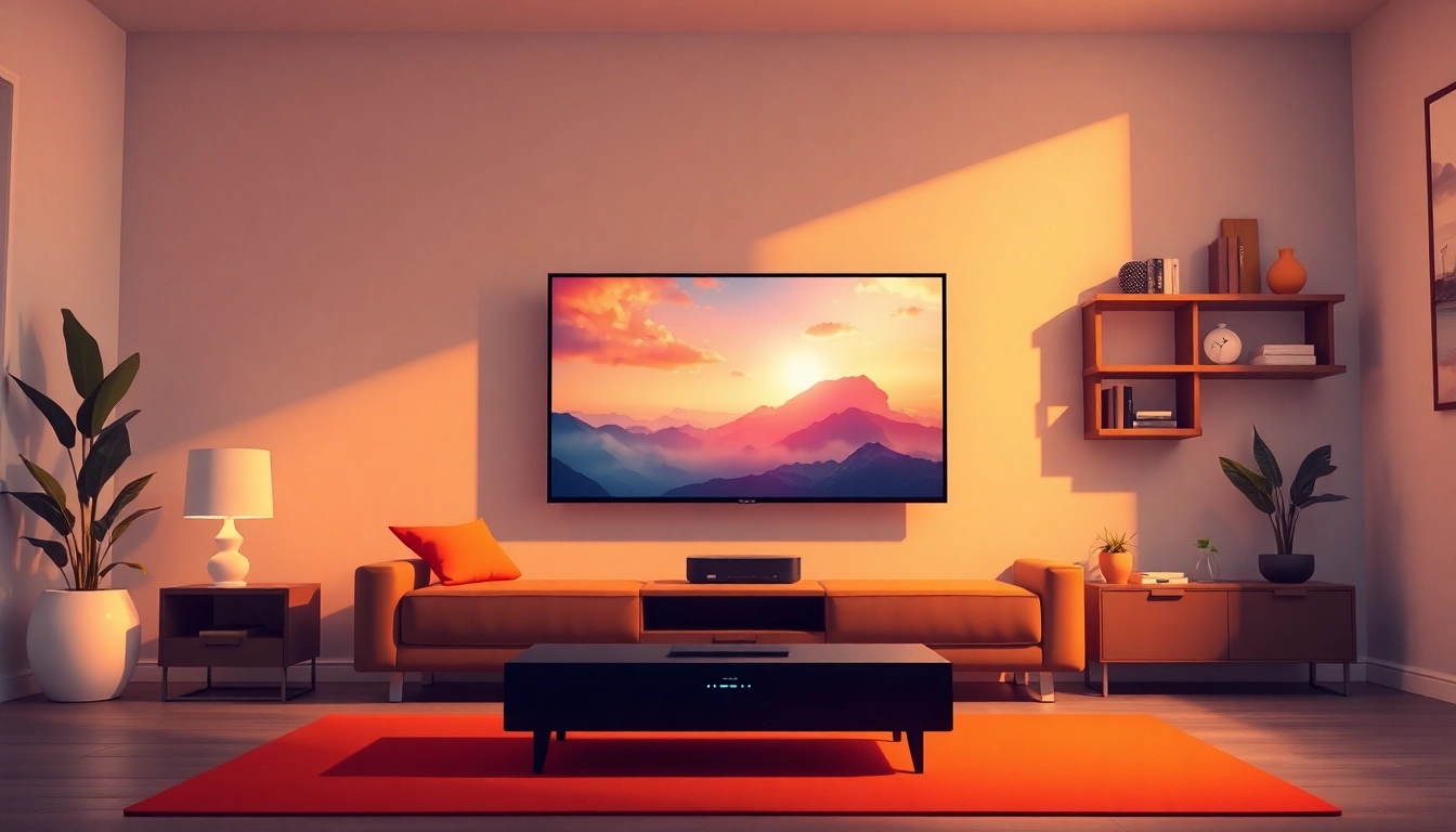 Showcasing superbox tv in a modern living room setup with warm lighting and inviting atmosphere.