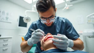 Professional dentist performing fillings and restorative work on a patient's teeth in a bright dental clinic.