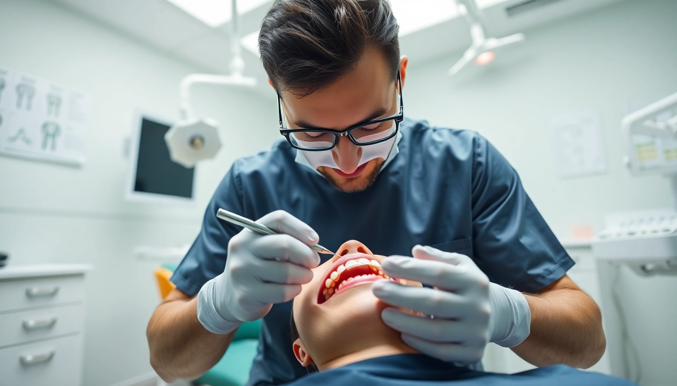 Professional dentist performing fillings and restorative work on a patient's teeth in a bright dental clinic.