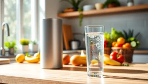 Showcasing an alkaline water filter system on a kitchen countertop with fresh produce and vibrant lighting.