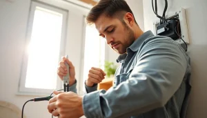 Skilled electrician performing electrical service installation in a residential setting.