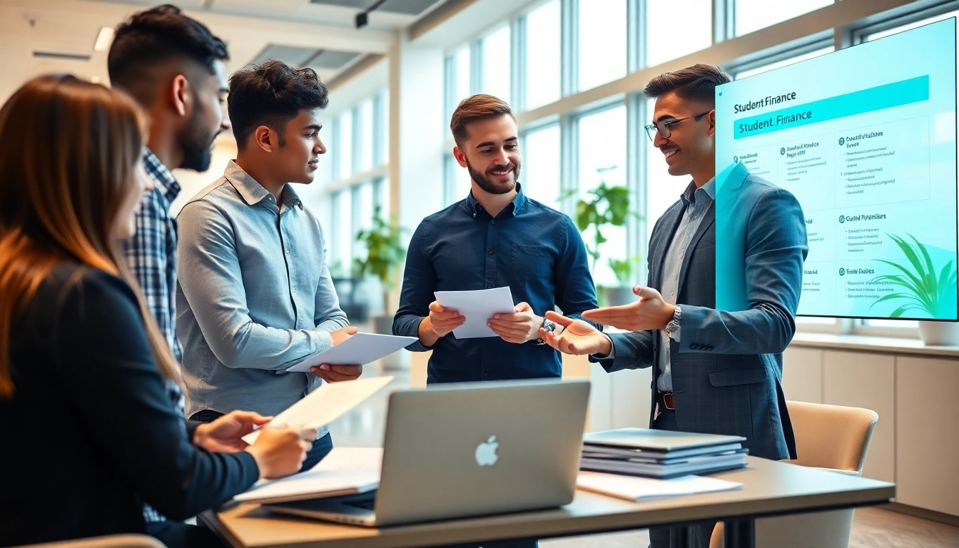 Engaging students in discussion about student finance in a modern office.