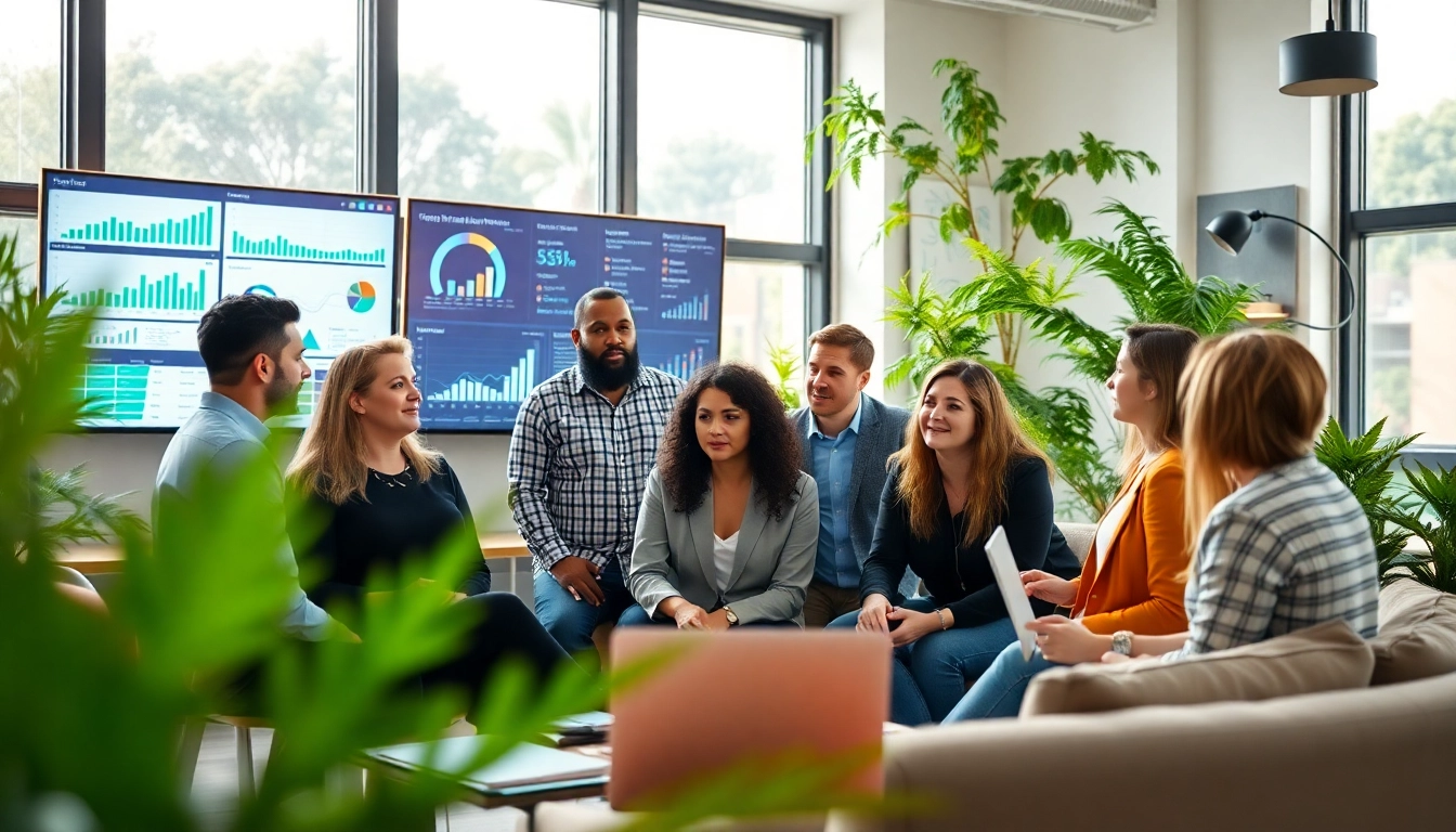 Team discussing strategies at a cannabis marketing agency in an energetic office setting.