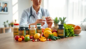Explore Vitamin Boosters with colorful supplements and fresh ingredients in a professional setting.