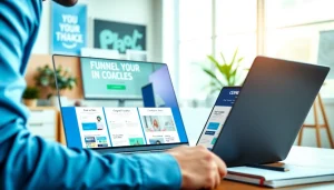 Explore best funnel templates for coaches showcased on a laptop in a vibrant office setting.