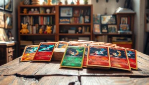 Showcasing real pokemon cards with rare holographic designs on a wooden table.