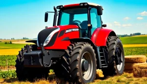 Massey Ferguson Traktor, perfekt platziert in der offenen Landwirtschaft mit robustem Design und lebendigen Farben.