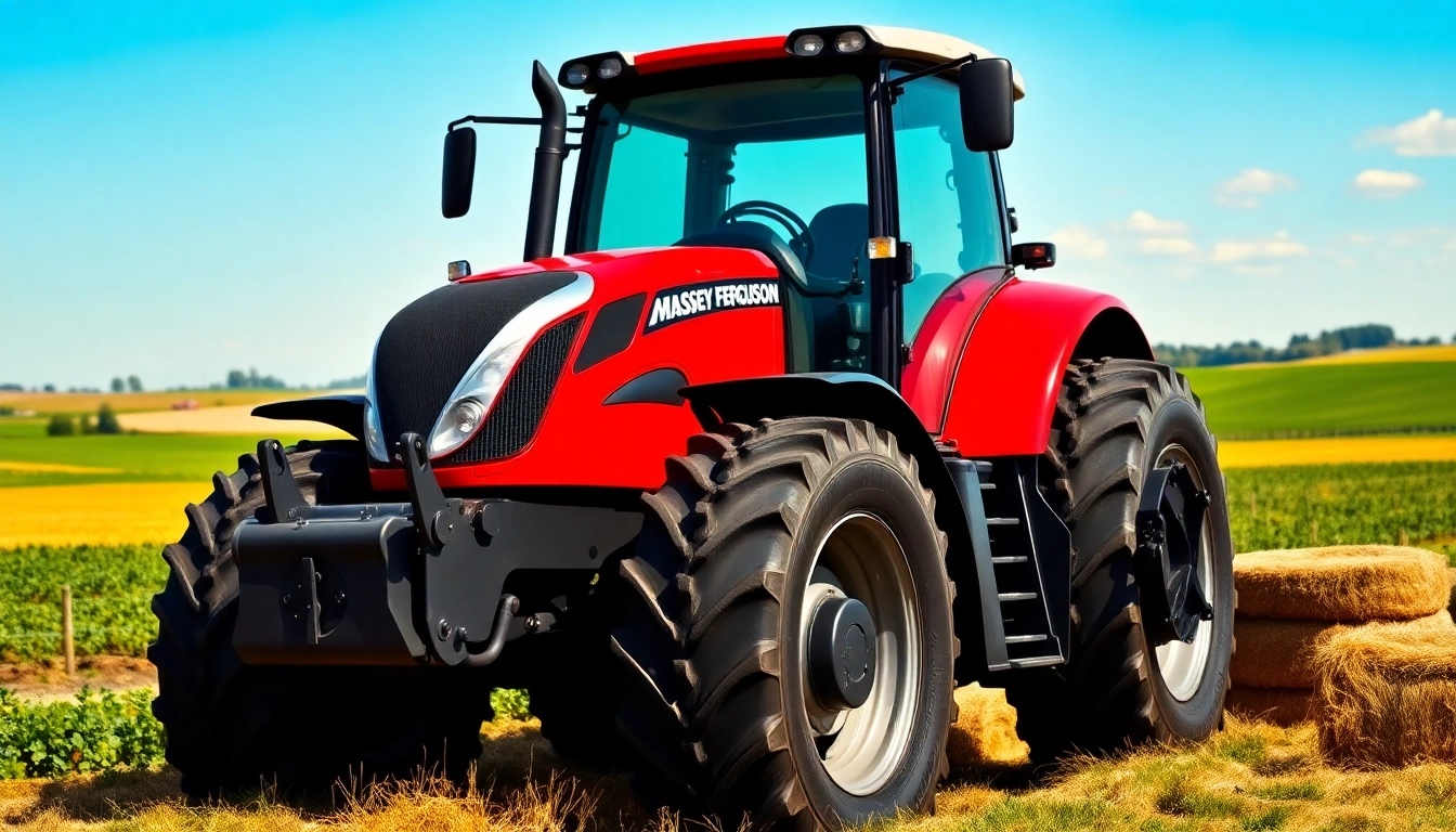 Massey Ferguson Traktor, perfekt platziert in der offenen Landwirtschaft mit robustem Design und lebendigen Farben.