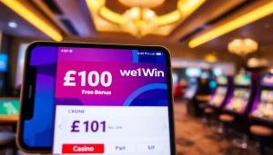 Claim the We1Win 100 Free Bonus on a smartphone in a vibrant casino setting.