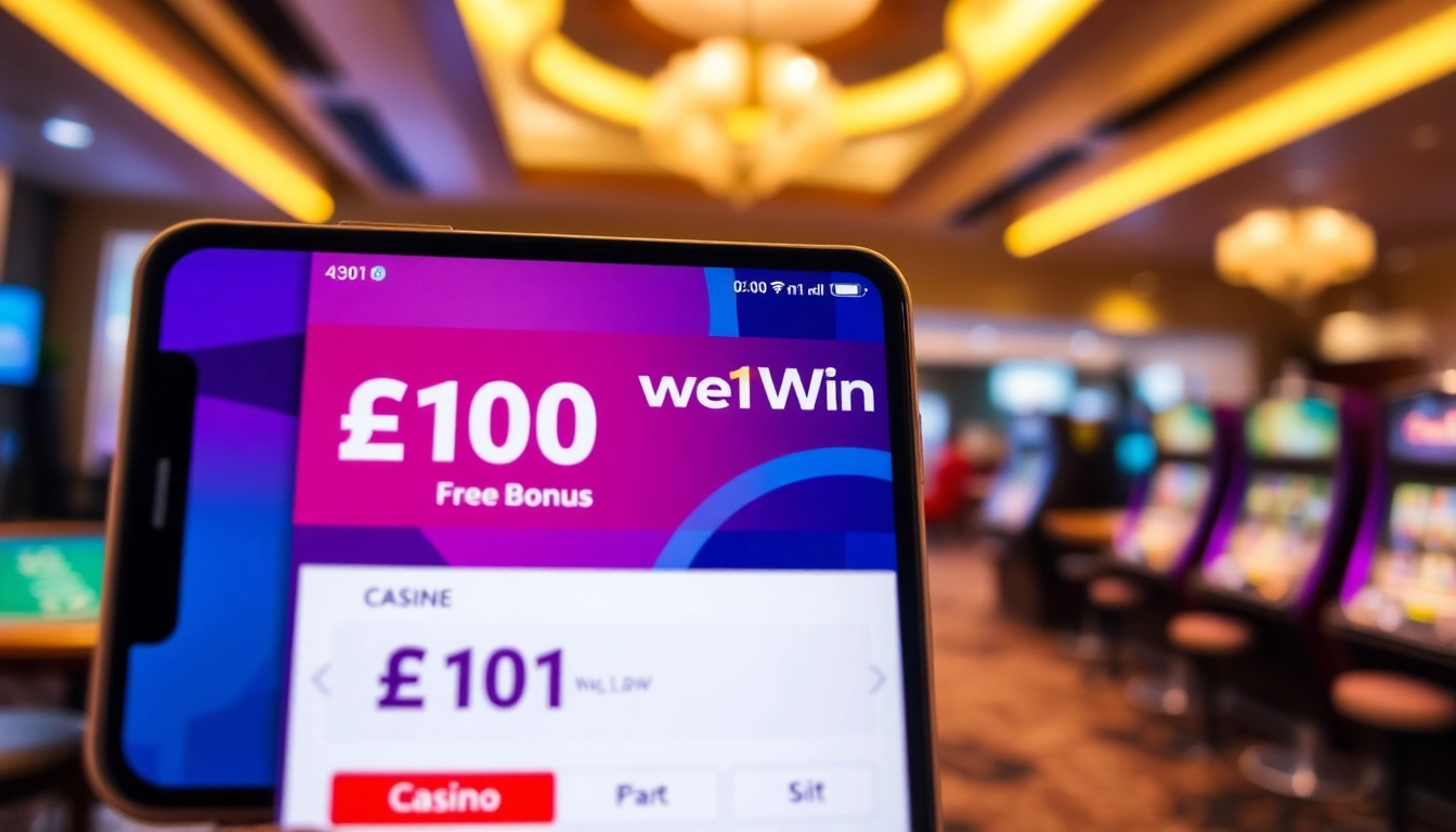 Claim the We1Win 100 Free Bonus on a smartphone in a vibrant casino setting.