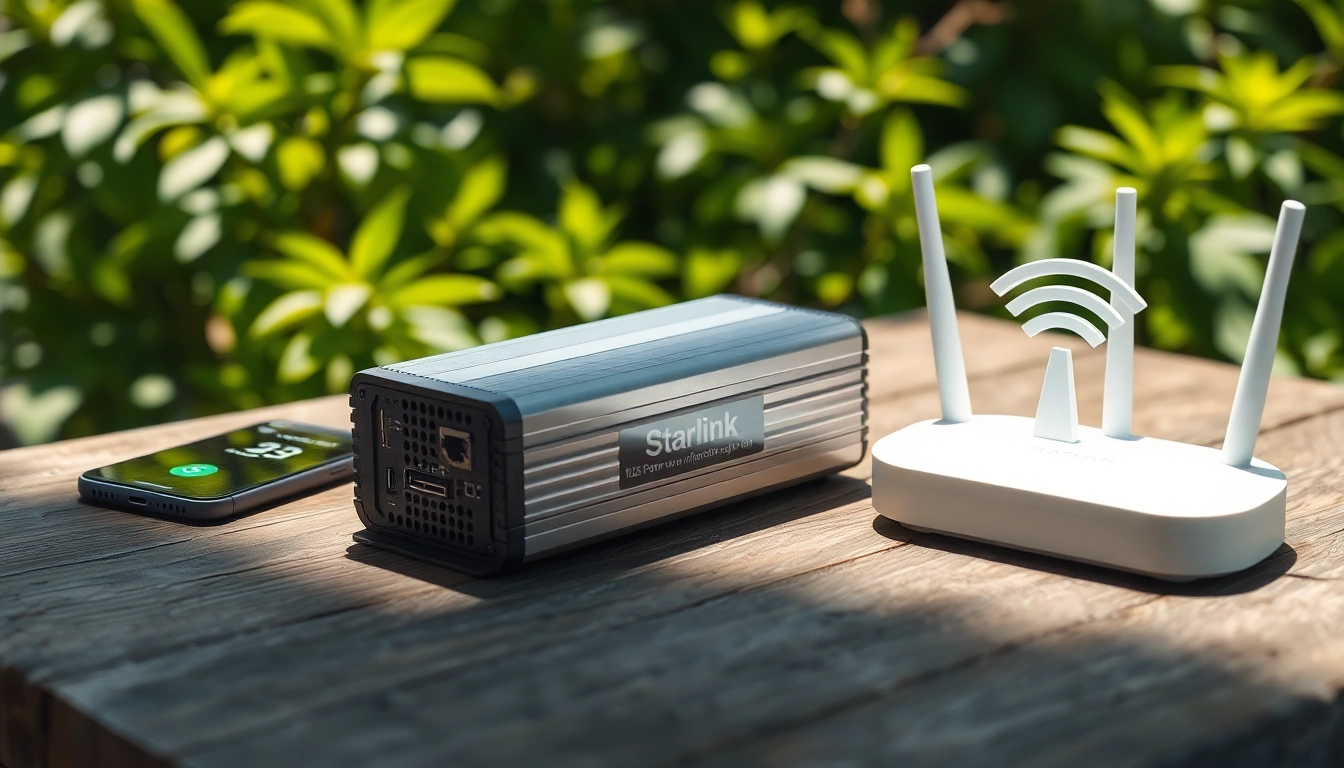 Connect your devices with the starlink mini 12v power supply on a wooden table outdoors.