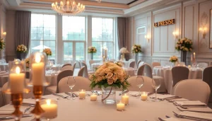 Stunning setup at le prestige hall featuring elegantly decorated tables and warm candlelight.