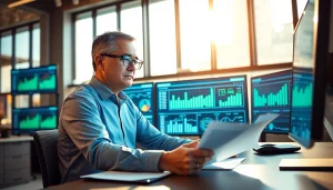 Freelance FP&A consultant analyzing financial data amidst a professional office environment.